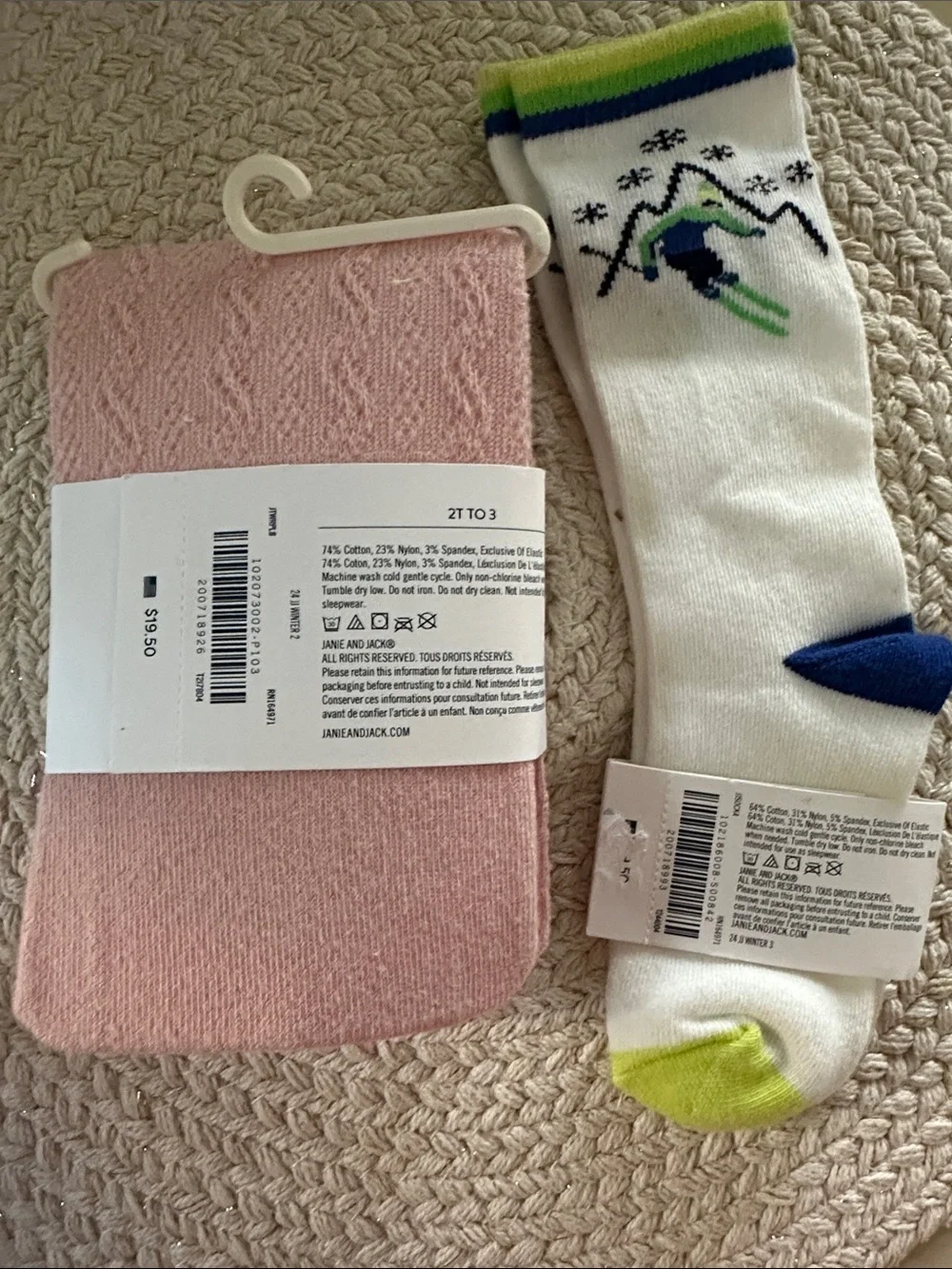 Janie and Jack Pink Cable Tights & White Ski Socks with Blue and Lime Accents NW